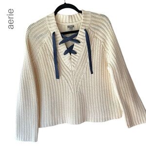 AERIE | NWOT LACE UP CHUNKY RIB KNIT SWEATER COTTON BLEND CREAM | SMALL
